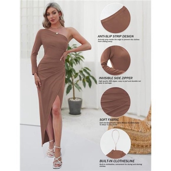 Womens One Shoulder Long Sleeve Cocktail Bodycon Side Slit Maxi Dress Brown NWT - Picture 3 of 6